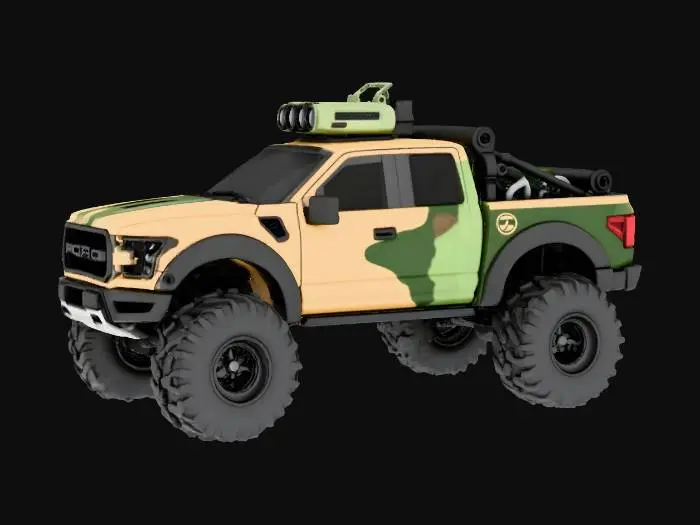 3D model for Wysokiej jakości stylizowany pojazd bojowy 3D w stylu "chibi", inspirowany Fordem Raptorem, z dużymi terenowymi kołami i masywną karoserią w kamuflażu wojskowym w odcieniach leśnej zieleni, matowej czerni i pustynnego beżu. Wyposażony jest w taktyczny sprzęt, wzmocnione zderzaki oraz małą, zamontowaną na dachu wieżyczkę. Posiada gładkie powierzchnie, zaokrąglone krawędzie i teksturę winylowej zabawki, prezentowany na prostej płaskiej szarej podstawie studyjnej.