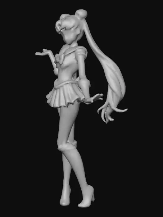 3D model for Wysokiej jakości figurka 3D postaci Sailor Moon, w dynamicznej pozie z wyciągniętą ręką, charakteryzująca się anime stylizacją. Figurka ma długie, falujące żółte kucyki i ubrana jest w klasyczny strój marynarski w kolorach białym, niebieskim i czerwonym, z lśniącymi czerwonymi butami. Powierzchnia jest gładka i błyszcząca, imitując winylową zabawkę, z delikatnymi cieniami podkreślającymi kształt na jednolitym białym tle.