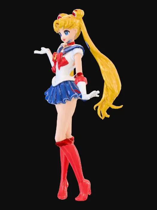 3D model for Wysokiej jakości figurka 3D postaci Sailor Moon, w dynamicznej pozie z wyciągniętą ręką, charakteryzująca się anime stylizacją. Figurka ma długie, falujące żółte kucyki i ubrana jest w klasyczny strój marynarski w kolorach białym, niebieskim i czerwonym, z lśniącymi czerwonymi butami. Powierzchnia jest gładka i błyszcząca, imitując winylową zabawkę, z delikatnymi cieniami podkreślającymi kształt na jednolitym białym tle.