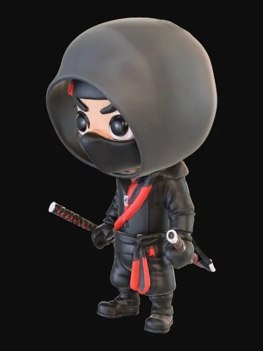 3D model for A high-quality 3D stylized chibi Ninja figurine, cartoon style, standing vertically. The ninja is wearing a sleek black tactical suit with subtle red details. Two katanas are crossed in an "X" shape on his back. Large, expressive stylized eyes visible through thehelmet and mask. Smooth surfaces, clean edges, vinyl toy aesthetic, Funko Pop style proportions. High detail, 4k texture, game-ready mesh, white background.