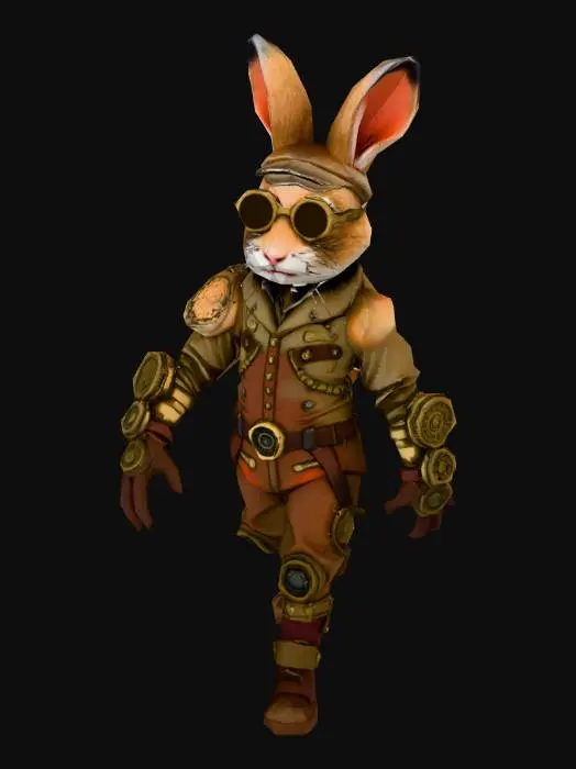 3D model for An energetic anthro rabbit inventor in a steampunk style. Full body. Wearing brass goggles pushed up on the forehead, a leather apron covered in grease over tweed clothes, and a utility belt full of wrenches. The left arm is a complex mechanical clockwork prosthesis. Surrounded by gears, steam pipes, and blueprints in a cluttered workshop. Sepia tones, detailed mechanical texture.