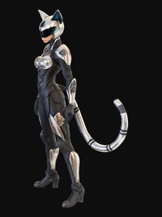 3D model for Beautiful women dressed in cat themed sleek mech armor in a stealth style relaxed tail, full visor, standing in the A-pose