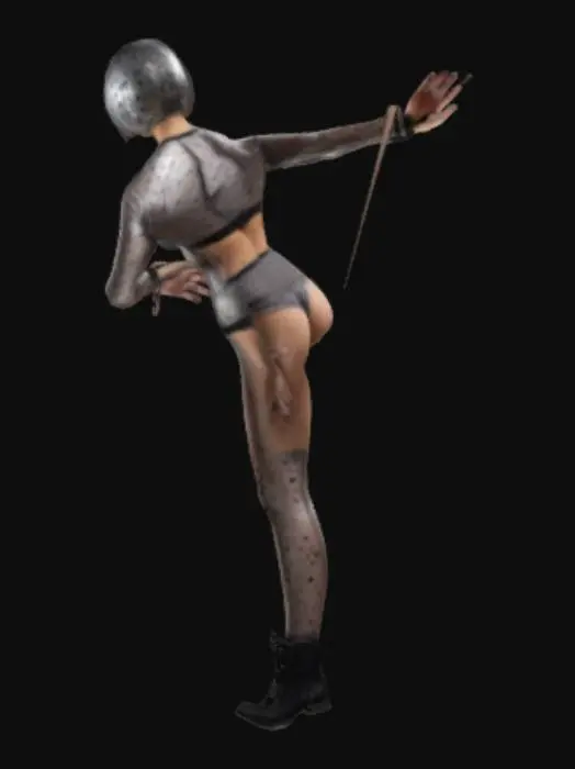 3D model for mujer con ropa apretada de cuerpo completo y futurista, con pelo corto asta el cuello y mascara metalizada y brazaletes metálicos en muñecas y tobillos 