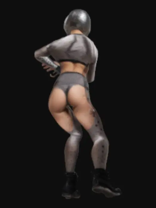 3D model for mujer con ropa apretada de cuerpo completo y futurista, con pelo corto asta el cuello y mascara metalizada y brazaletes metálicos en muñecas y tobillos 