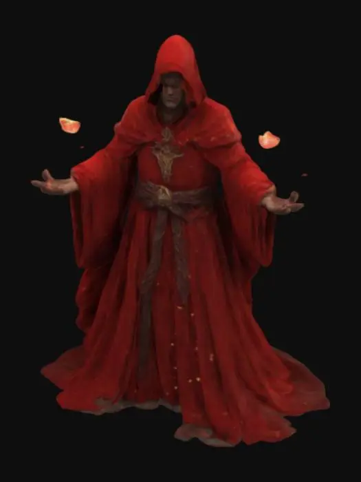 3D model for Маг в красном одеянии кастует БАН! Статуэтка , частицы вокруг мага, маг руками вычерчивает частицами магию
