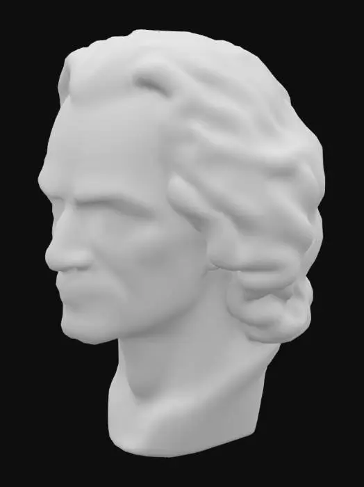 3D model for Create a realistic 3D model of Sir Isaac Newton's face. Focus on capturing his facial features, including his high forehead, prominent nose, and long, curly hair. The expression should reflect a calm and contemplative demeanor, with subtle aging details like wrinkles around the eyes and mouth. Ensure the skin texture is realistic, and the overall likeness should be faithful to historical depictions.