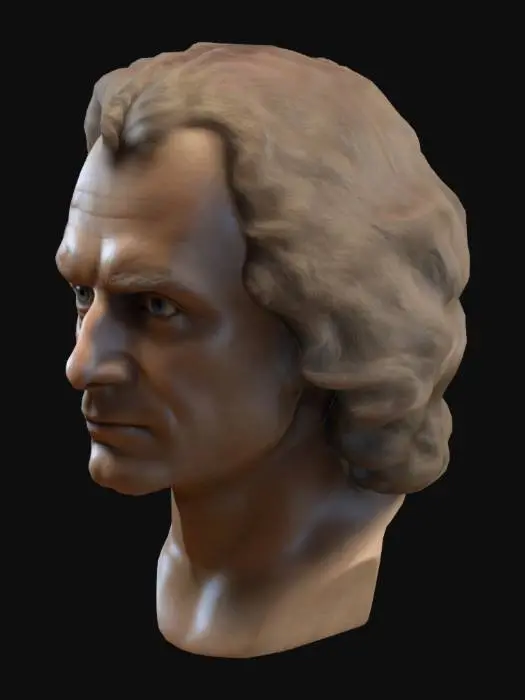 3D model for Create a realistic 3D model of Sir Isaac Newton's face. Focus on capturing his facial features, including his high forehead, prominent nose, and long, curly hair. The expression should reflect a calm and contemplative demeanor, with subtle aging details like wrinkles around the eyes and mouth. Ensure the skin texture is realistic, and the overall likeness should be faithful to historical depictions.