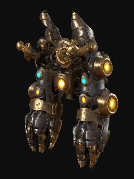 3D model for Ultra-realistic massive mechanical gauntlets inspired by Vi from League of Legends, bulky steampunk design with exposed gears, glowing energy cores, reinforced knuckles, hydraulic pistons along the arms, dark steel plating with gold accents, worn battle damage, built for heavy impact, highly detailed, game-ready, gritty industrial sci-fi stylestyle
