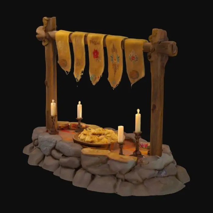 3D model for [POLAND], #AroundTheWorld# Stylized fantasy altar dedicated to Polish pierogi, crafted from aged wood and decorated with folk patterns, tiers of golden, steaming pierogi displayed like sacred offerings, surrounded by candles made of dripping wax, colorful embroidered banners hanging around, soft warm lighting highlighting the pierogi, slight magical glow around the altar, rustic stone base with carved floral motifs, clean low poly style with cozy fantasy aesthetic, celebrating Polish culinary tradition with a sacred, whimsical vibe