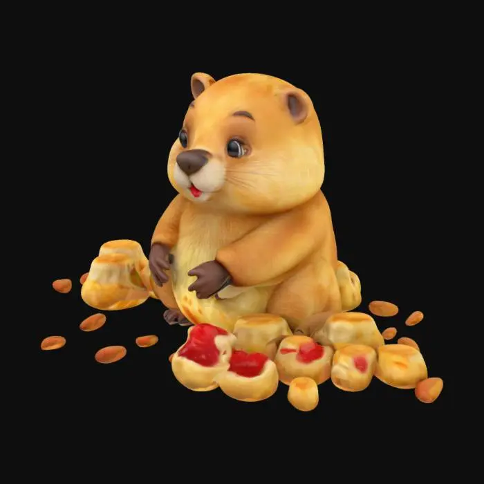 3D model for [POLAND] , #AroundTheWorld#, A cute, plump beaver sitting happily in front of a giant pile of traditional Polish pierogi, isolated on a clean background, detailed 3D model, soft realistic fur, colorful and varied pierogi (potato, cheese, strawberry fillings), slight stylization for a charming look, warm lighting, high-quality textures, cozy and whimsical mood