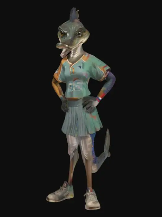 3D model for a female anthro-barracuda wearing a baseball jersey and a pleated skirt
