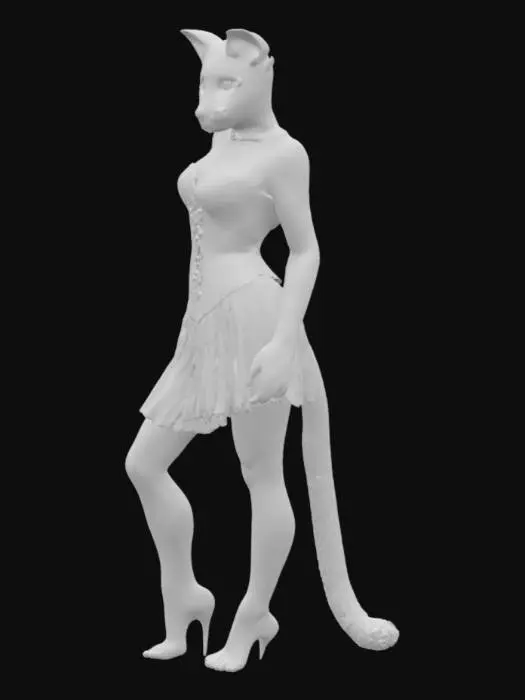 3D model for a female anthro-cougar wearing a corset and a pleated skirt
