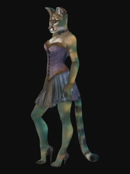 3D model for a female anthro-cougar wearing a corset and a pleated skirt