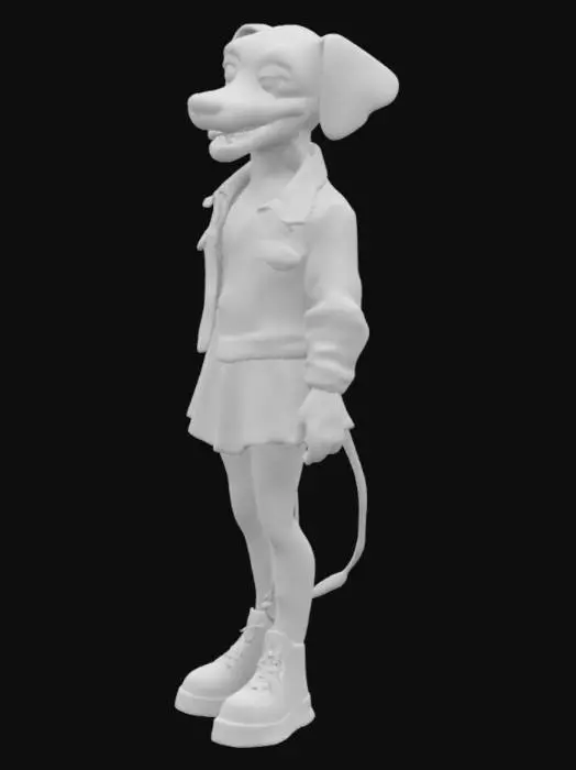3D model for a female anthro-dalmatian wearing a denim jacket and a pleated skirt