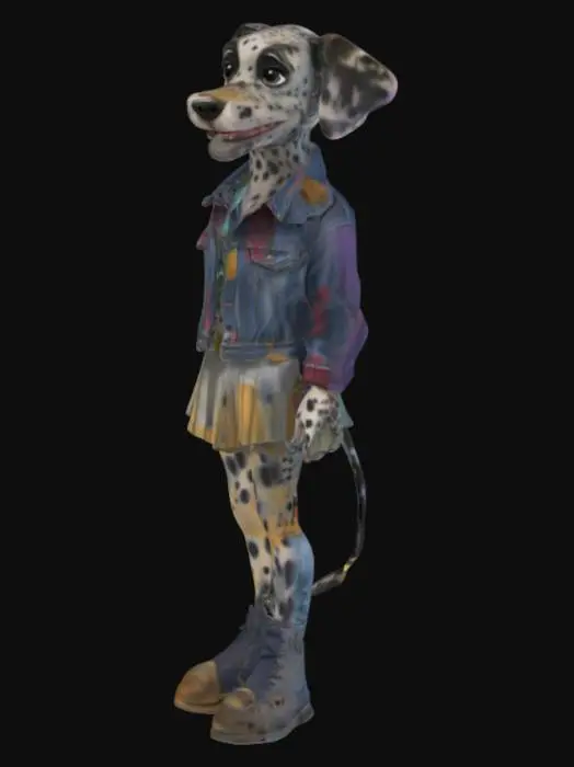 3D model for a female anthro-dalmatian wearing a denim jacket and a pleated skirt