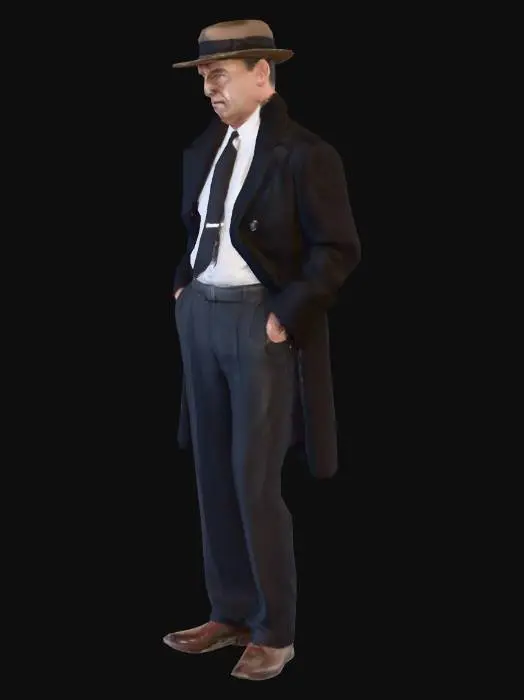 3D model for American film noir thriller film style, 1950s aesthetics, early-1950s American clothing, Harold Benedict as Sgt. at Airport