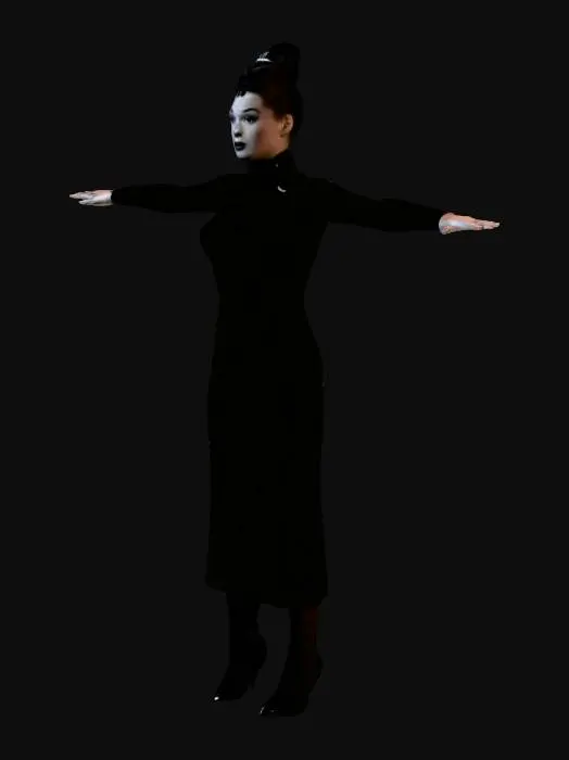 3D model for American film noir thriller film style, 1950s aesthetics, early-1950s urban American clothing, Charlotte Flemming as Girl in Telephone Booth