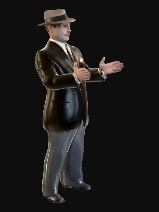 3D model for American film noir thriller film style, 1950s aesthetics, early-1950s urban American clothing, Charles Gordon Howard as Lt. Farris