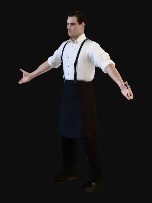 3D model for American film noir thriller film style, 1950s aesthetics, early-1950s urban American clothing, Claus Lombard as Waiter