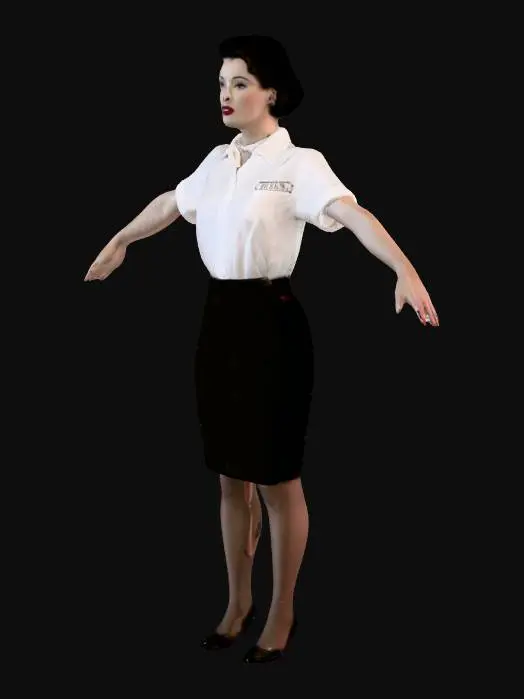 3D model for American film noir thriller film style, 1950s aesthetics, early-1950s urban American clothing, Ruth Megary as Waitress