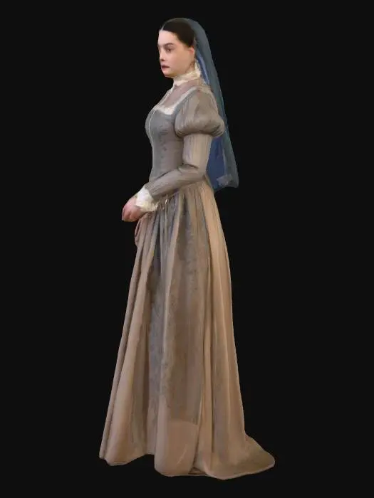 3D model for historical psychological horror-drama film style, 17th century aesthetics, 17th century European fashion, Iza Teller as Sister Iza