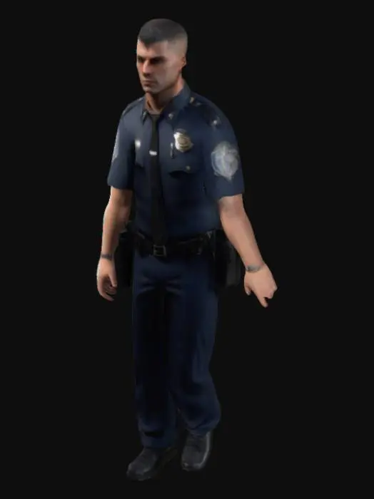 3D model for Ultra detailed male cop, no weapon , symmtery , T pose , game asset , marine haircut style  