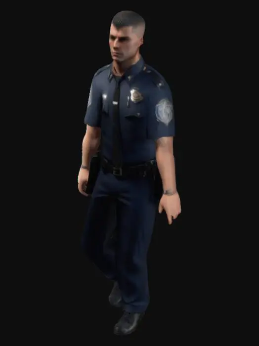 3D model for Ultra detailed male cop, no weapon , symmtery , T pose , game asset , marine haircut style  