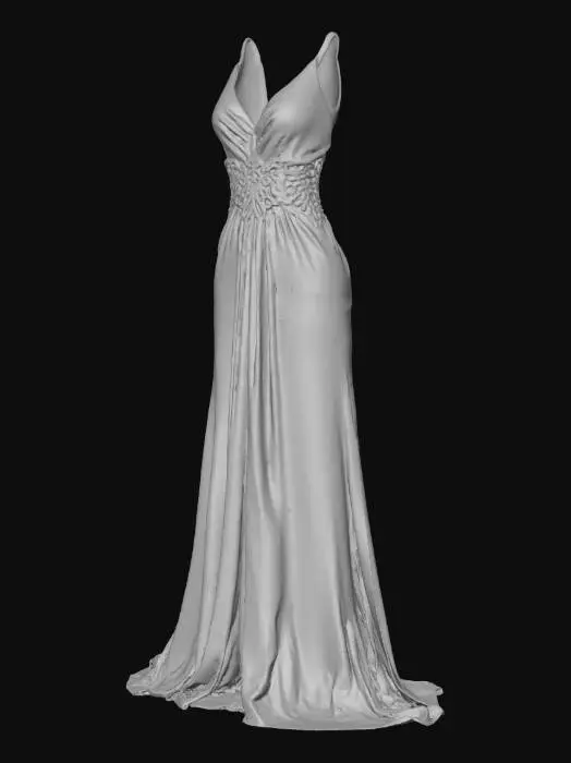 3D model for Vestido de noche largo y azul oscuro, con pedrería de cristales dorados por la cintura y bajando por abajo.