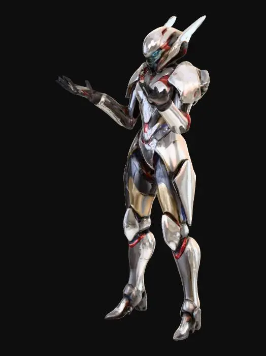 3D model for A 3D model of a slim, female character in her early 20s, standing in a T-pose. She has long straight blonde hair, natural skin tone. 

She is dressed in a futuristic metroid-like armor in red and black colours
