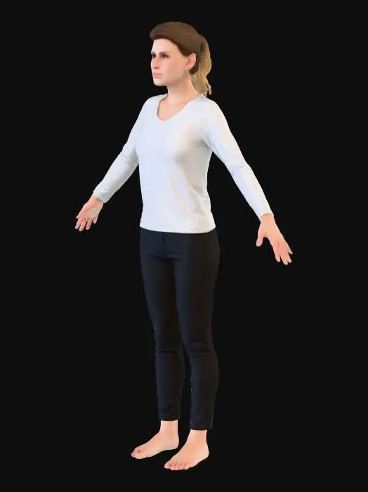 3D model for Create a photorealistic adult female 3D character suitable for full-body and facial rigging, using the uploaded reference image as the primary source for body proportions, skin tone, facial structure, and overall appearance.
Character Requirements:
Realistic human anatomy with accurate proportions based on the reference photo
Adult female, slim-to-average build, natural posture
Neutral A-pose (arms extended horizontally, palms down) for clean rigging
Symmetrical, clean topology optimized for deformation
High-fidelity skin textures derived from the reference image
Natural skin details: subtle pores, realistic shading, no stylization
Face closely matches the reference image: jawline, cheekbones, nose shape, eye spacing, brow structure, and lips