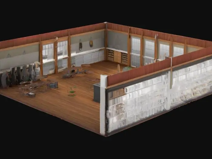 3D model for generate an interior of a large one story, expansive shop