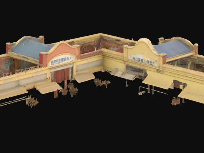 3D model for a long strip of shops that look a little worn out. 