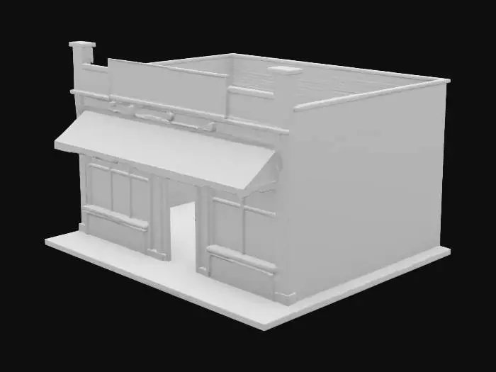 3D model for a long strip of shops that look a little worn out. 