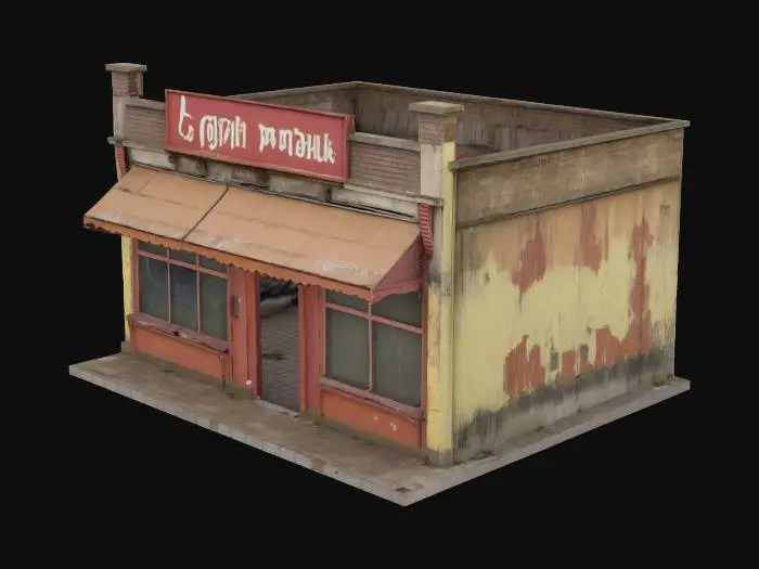 3D model for a long strip of shops that look a little worn out. 