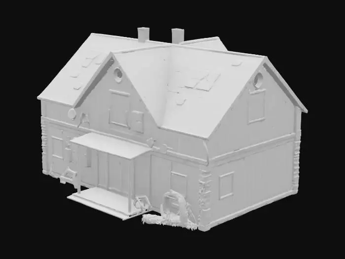3D model for generate an abandon old wooden building, that's been reconfigured with futuristic robotic, survival base parts.