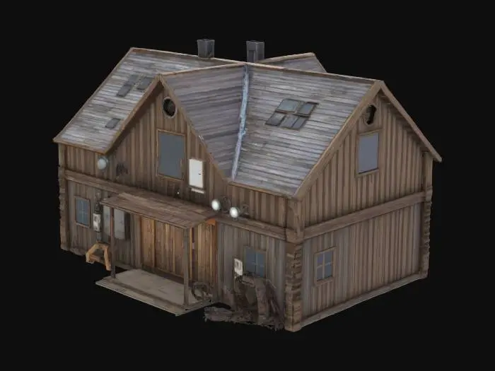 3D model for generate an abandon old wooden building, that's been reconfigured with futuristic robotic, survival base parts.