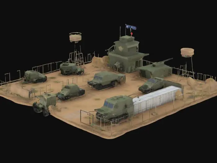 3D model for generate a realistic military base that has fencing and vehicles