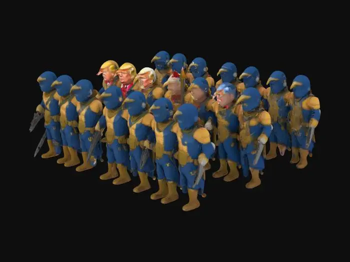 3D model for generate a army of Donald trumps going to war with a army of joe Bidens