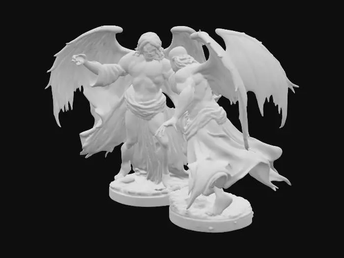 3D model for A dramatic sculpture depicting Jesus Christ in a resolute stance, his form radiating a soft, celestial light, with flowing, draped robes appearing made of polished white marble. Opposite him, Satan is a sinewy, dark figure with sharp, jagged wings and clawed hands, his scaled skin resembling rough obsidian. Their dynamic poses capture a moment of intense, frozen conflict, conveying immense power and spiritual opposition.