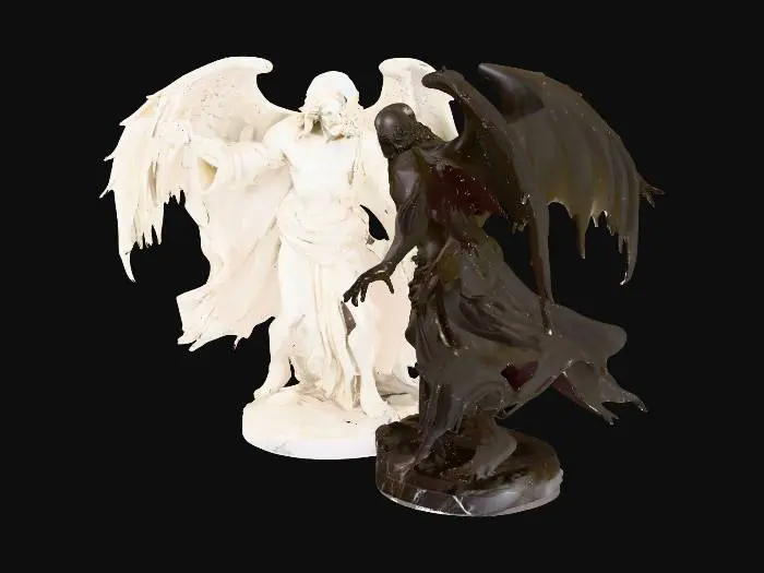 3D model for A dramatic sculpture depicting Jesus Christ in a resolute stance, his form radiating a soft, celestial light, with flowing, draped robes appearing made of polished white marble. Opposite him, Satan is a sinewy, dark figure with sharp, jagged wings and clawed hands, his scaled skin resembling rough obsidian. Their dynamic poses capture a moment of intense, frozen conflict, conveying immense power and spiritual opposition.