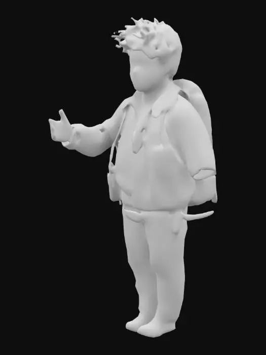 3D model for generate a white male teenager who's 15, that's a boy scout with a small cheerful smile, with camping gear on his back, in a t pose.