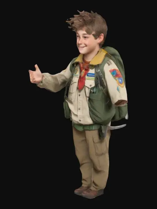 3D model for generate a white male teenager who's 15, that's a boy scout with a small cheerful smile, with camping gear on his back, in a t pose.