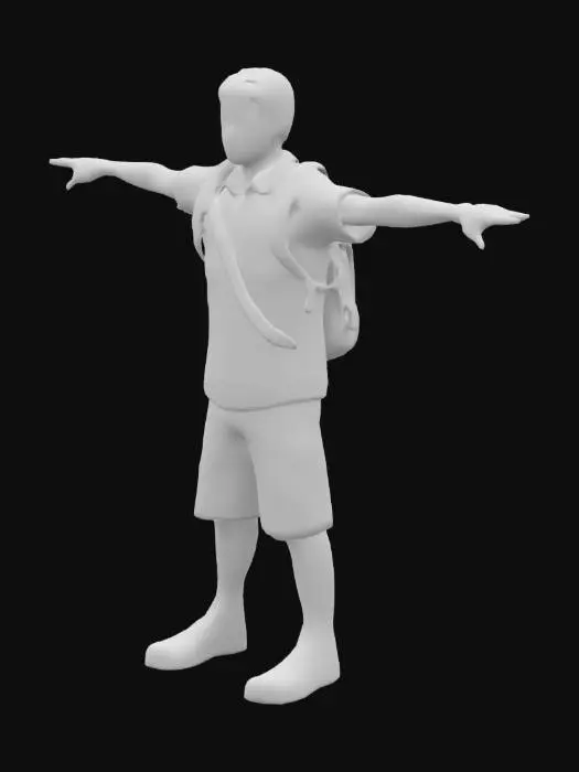 3D model for generate a white male teenager who's 17, that's a boy scout, who is a tough bully, with camping gear on his back, in a t pose.