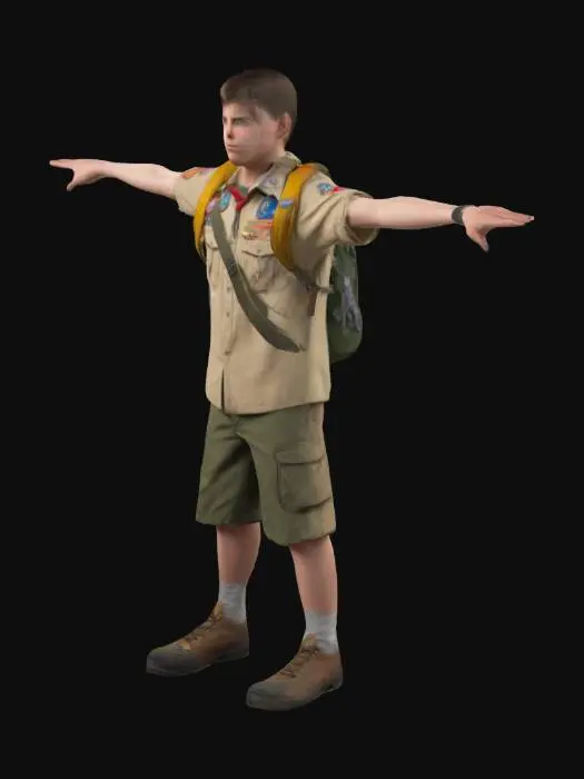 3D model for generate a white male teenager who's 17, that's a boy scout, who is a tough bully, with camping gear on his back, in a t pose.
