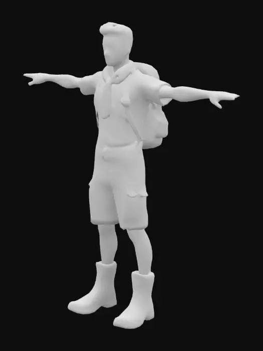 3D model for generate a white male teenager who's 17, that's a boy scout, who is a tough bully, with camping gear on his back, in a t pose.