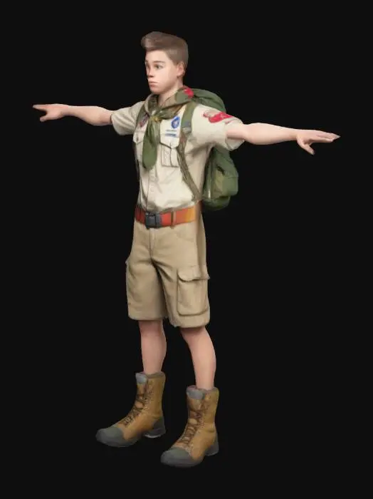 3D model for generate a white male teenager who's 17, that's a boy scout, who is a tough bully, with camping gear on his back, in a t pose.