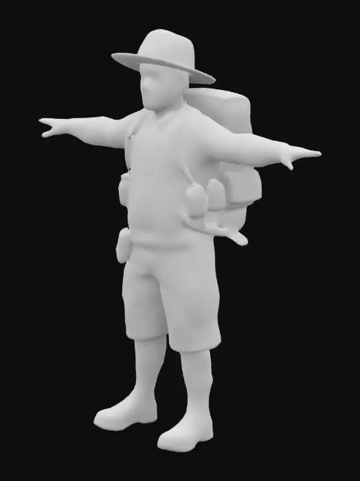 3D model for generate a white adult, who is the counselor of a boy scout, with camping gear on his back, in a t pose.