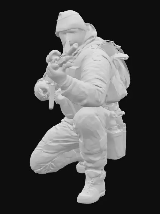3D model for generate a realistic male sniper dressed to blend in with his environment. who crouched on his knee, with a sniper rifle in his hand