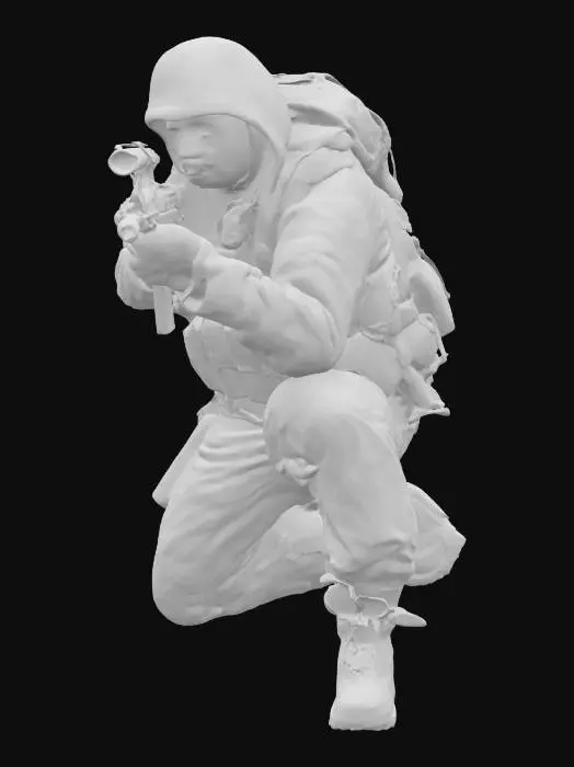 3D model for generate a realistic male sniper dressed to blend in with his environment. who crouched on his knee, with a sniper rifle in his hand