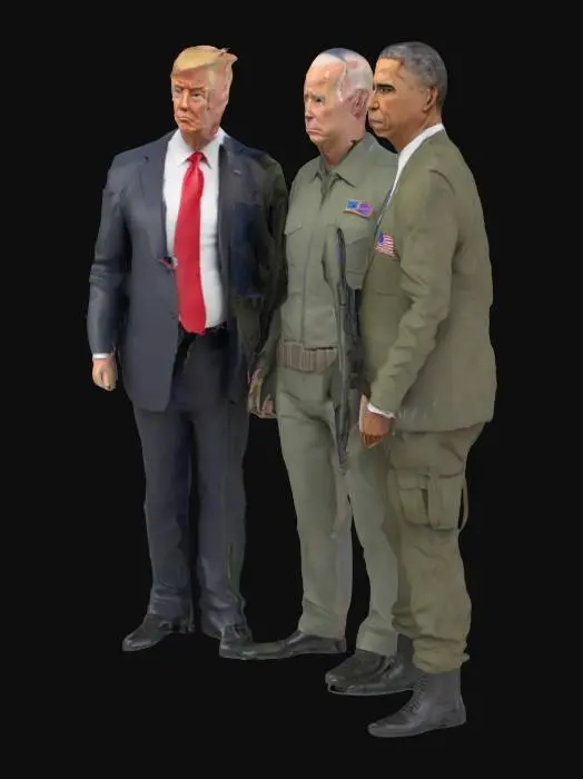 3D model for generate Donald trump, Joe biden, and Barack Obama in the middle of ww3